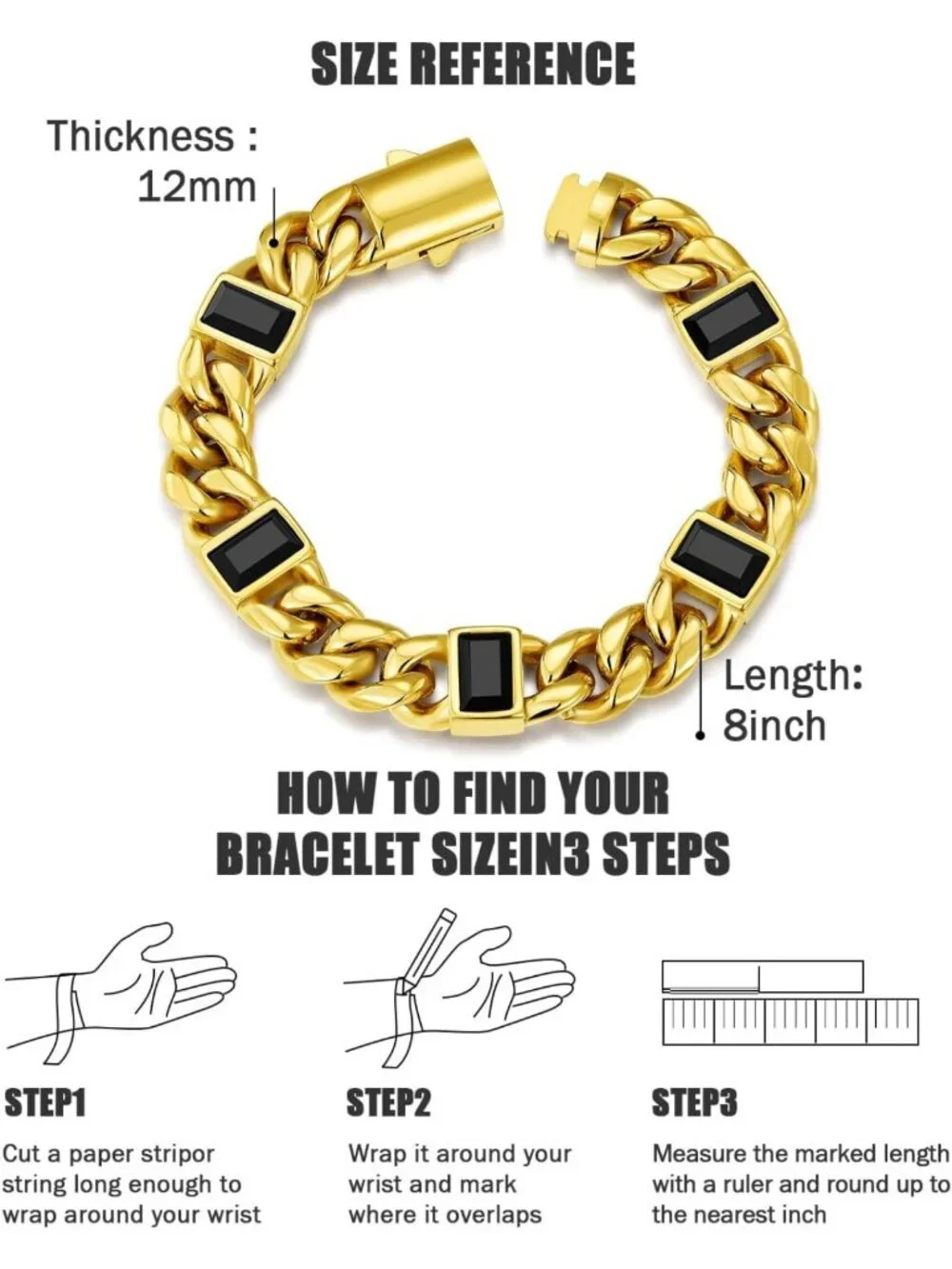 12mm Black Onyx Cuban Link Bracelet for Men - Stylish 8IN Statement Jewelry